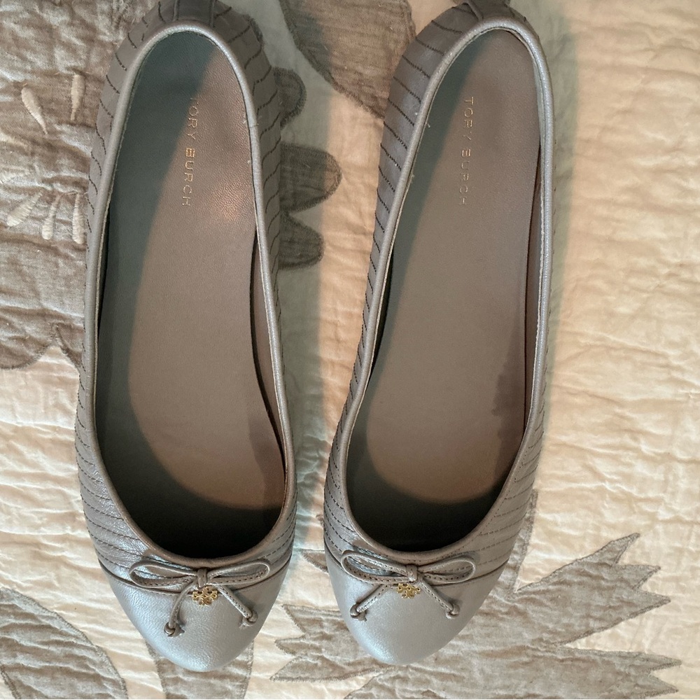 Tory Burch Cap Toe Quilted ballet flats. Bay Gray